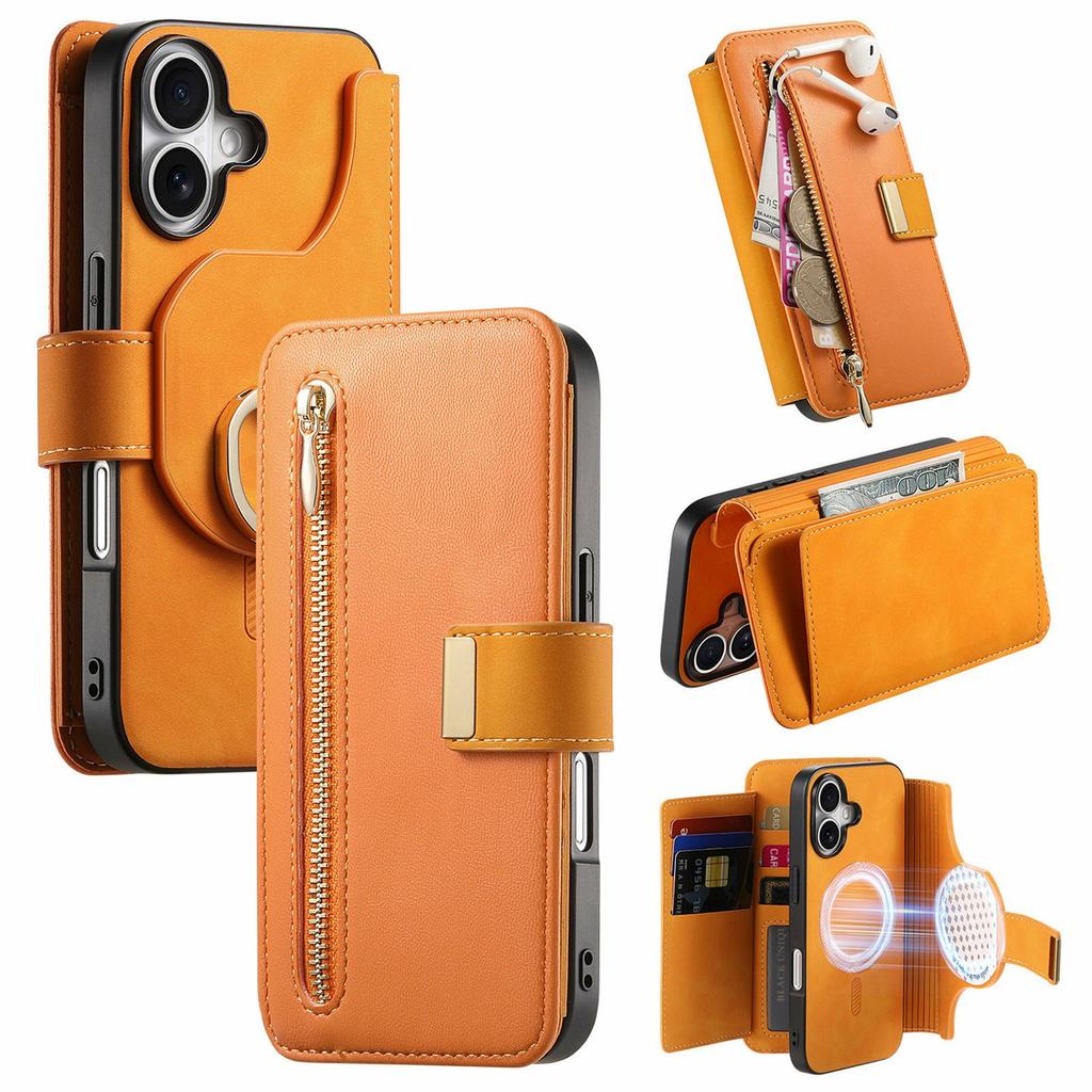 For iPhone 17 Magnetic Leather Case with Detachable RFID Blocking Zipper Wallet Cover