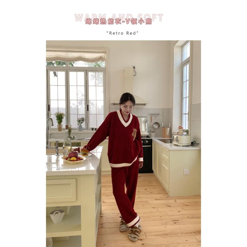 

9 осенне-зимняя мягкая бархатная пижама с полукраем женская милая мультяшная с воротником рождественский медведь в студенческом стиле комплект домашней одежды average size (80-70kg)