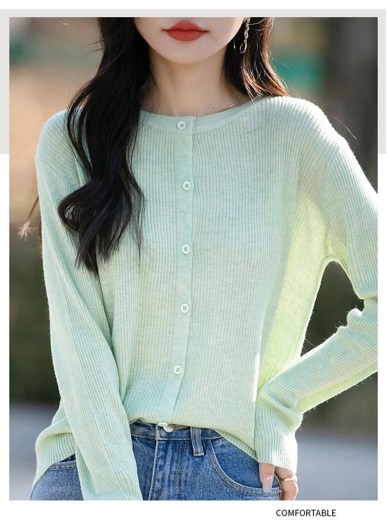 Women's Korean Style Loose Wool Cardigan - Round Neck, Long Sleeve, Spring Outerwear