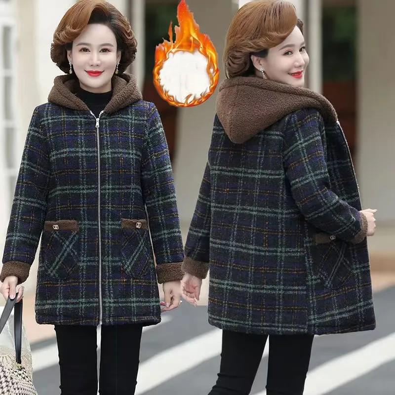 

Женская куртка осень-зима больших размеров, теплая, средней и длинной длины, для людей среднего и пожилого возраста, с длинными рукавами, на молнии, с капюшоном 6XL темно-синий