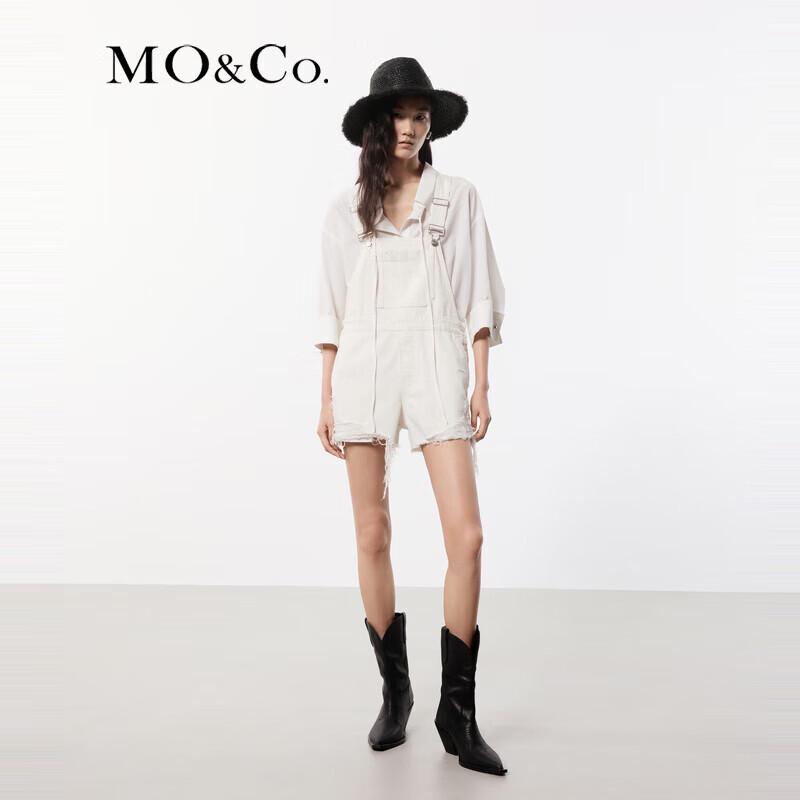 MO&Co. Ripped White Denim Short Overalls