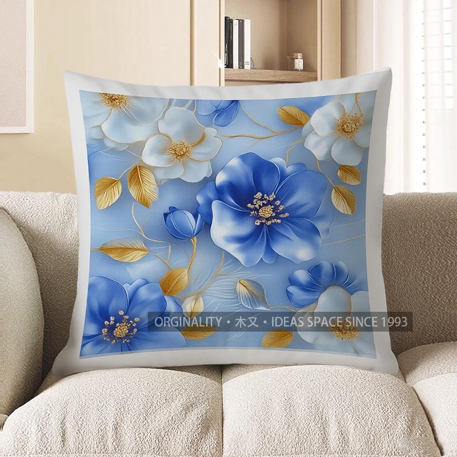 Home Decor Blue & White Flowers With Gold Accents Pillow Cover Pattern Cushion Cover Suitable For Sofa Bedroom Car Pillow Cover