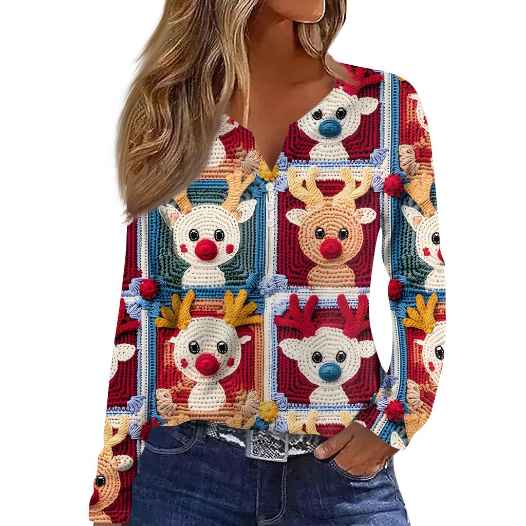 Women's Fashion Casual V-Neck Button-Up Long-Sleeve T-Shirt With Christmas Print Top