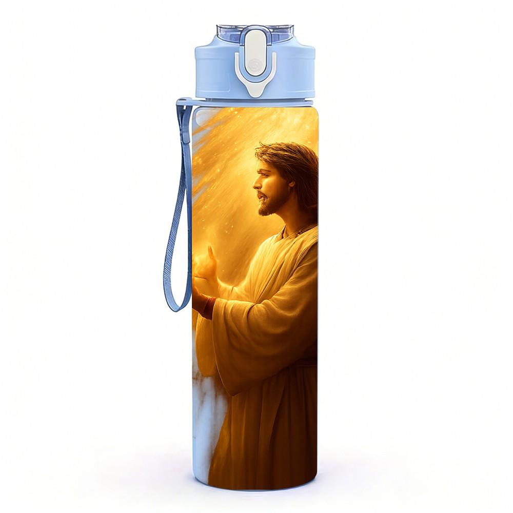 1PC Jesus Warm Open Hand Portrait 750ml Color Plastic Sports Water Bottle Leakproof Flip Straw Lid For Sports Office Home Use