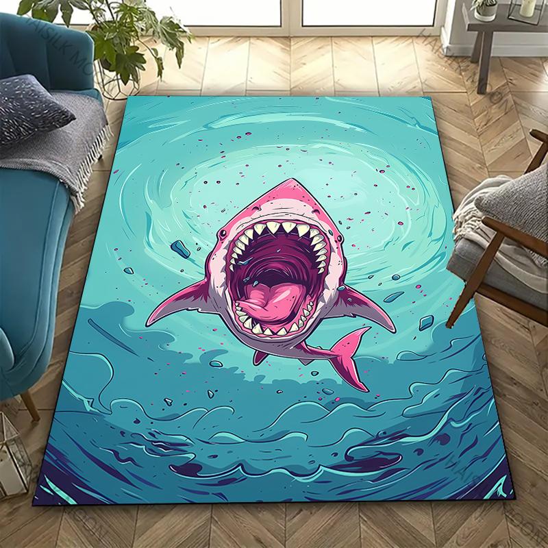 3D Shark Theme Printed Carpet Edgy Nautical Horror Statement Rug for Living Rooms Bedrooms, Office Areas, Durable Washable Mats