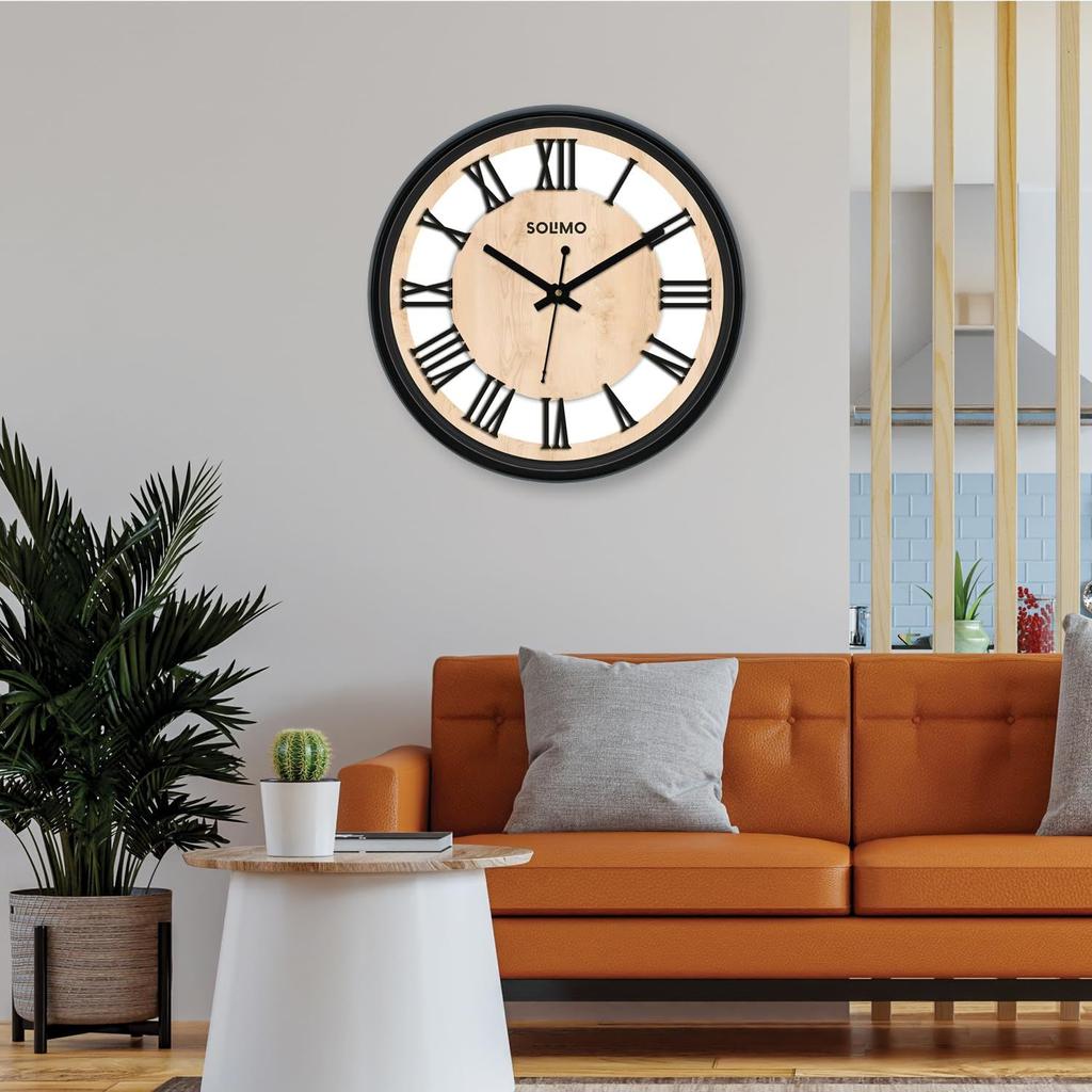 Roman Wheel 12-inch Plastic and Glass Silent Movement Wall Clock (Black).