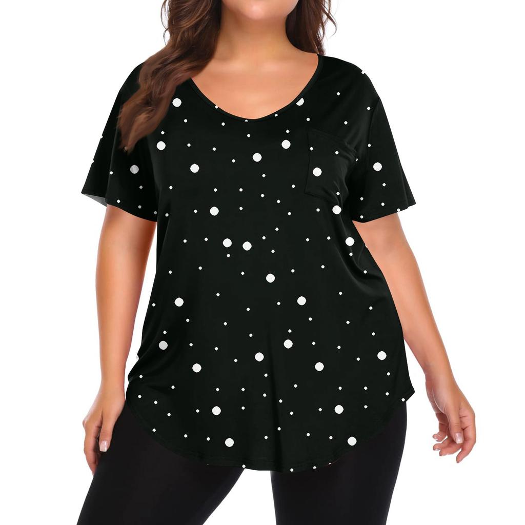 Women's Printing Large Size V-neck Top Loose Pocket T-shirt