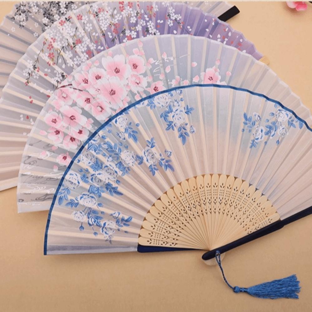 Faux Silk Material Decorative Folding Fan Bamboo Frame Handheld Fan Wood Folding Fan Gift Giving