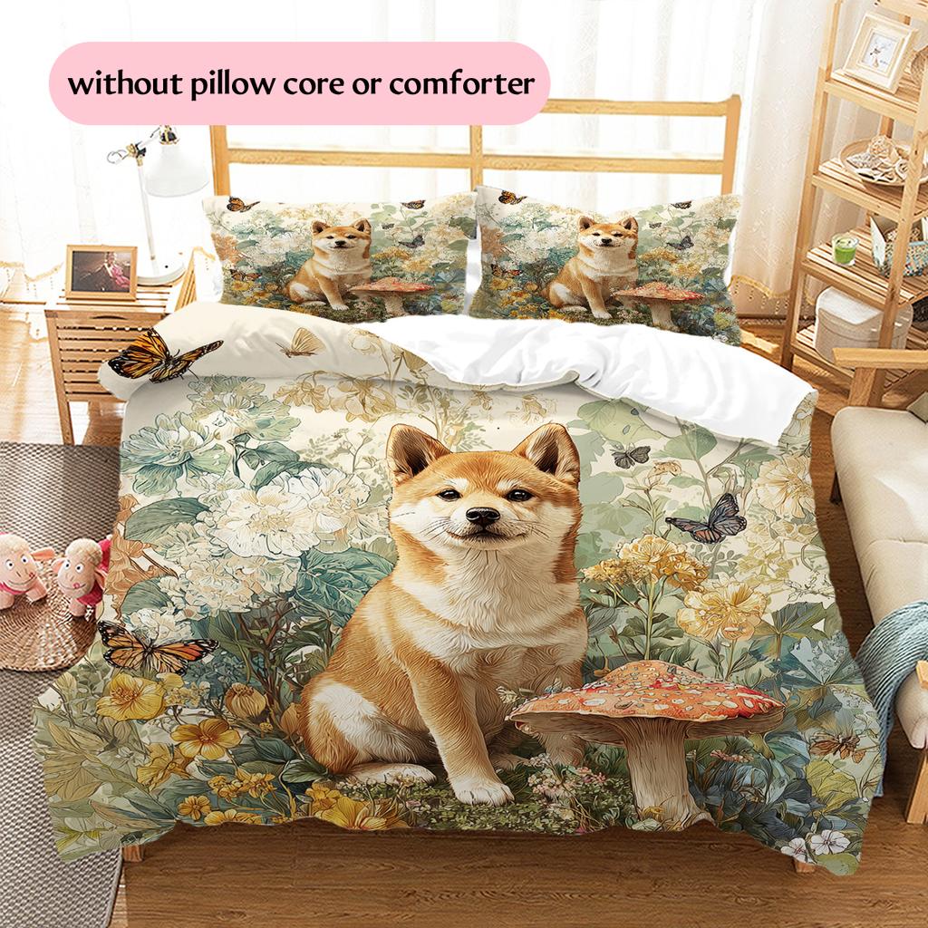 Shiba Inu and Fresh Flowers Pattern Bedding Home Decoration Birthday Gift (1 * duvet cover + 2 * pillowcase, without core)