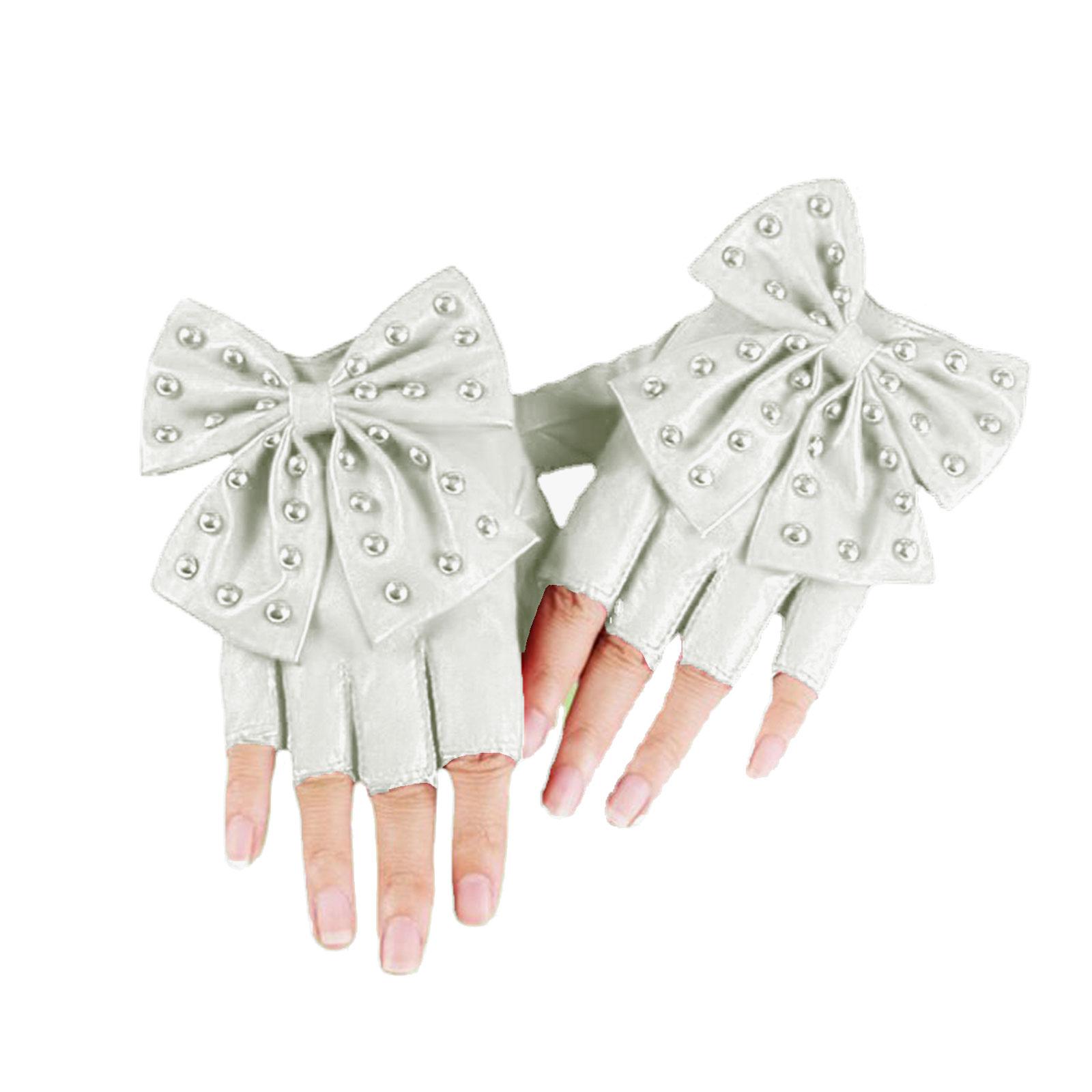 

Женские перчатки без пальцев с бантом и заклепками, перчатки из ПУ кожи для клубных вечеринок, хип-хоп танцев и сценических выступлений белый