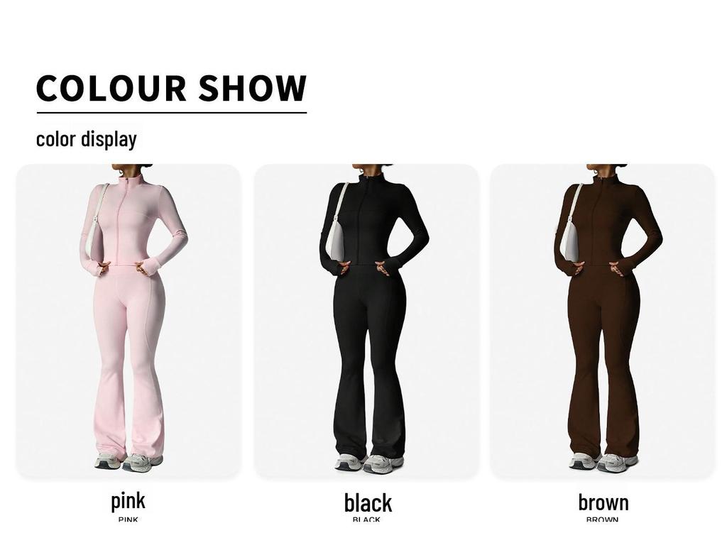 Waist-Cinching Yoga Set: Long-Sleeve Jacket & Butt-Lifting Micro-Flare Pants - Women's Sportswear for Autumn/Winter.