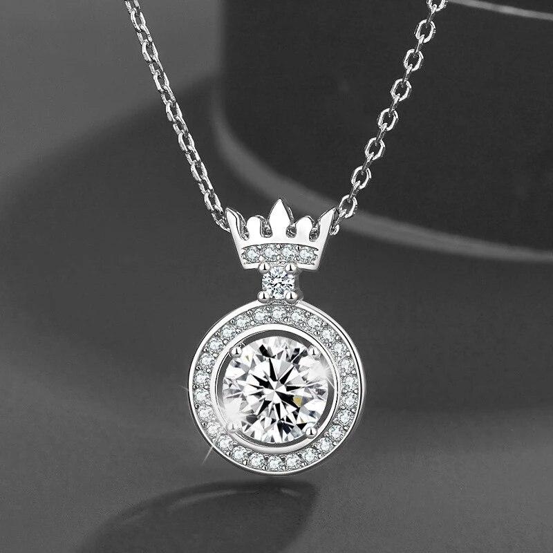 14K White Round Moissanite Necklace Pure Silver Crown Pendent Necklace For Women Wedding Engagement Jewelry Gift