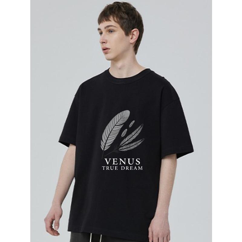Black T Shirt With Feather Pattern And Venus True Dream Text For Casual Wear