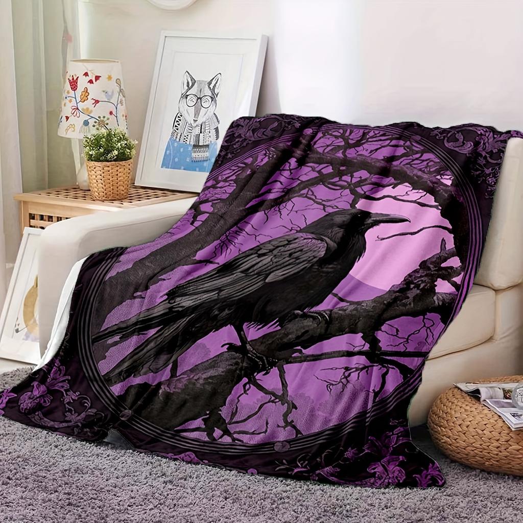 1pc Gothic Raven Print Flannel Blanket - Soft Warm, Purple Design for Office, Camping, Travel