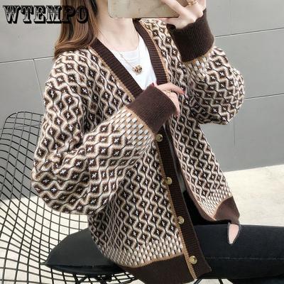 Autumn New Diamond Grid Retro Knitted Cardigan Sweater Women's Korean Edition Loose Versatile Coat