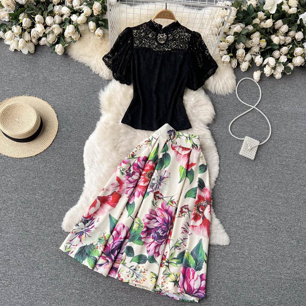 

Лето 2022, новая мода с принтом в стиле ретро, ​​юбка-зонтик с высокой талией + тонкий вязаный топ с вырезом, женский комплект из двух предметов