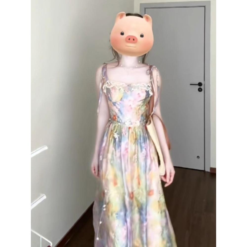 Seaside Vacation Gentle Wind Floral Smudge Suspender Dress Beautiful Unique Waist Temperament Long Dress Summer