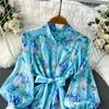 Spring Autumn Vintage Hydrangea Print  Long Sleeve Short Dress for Women Fashion Stand Collar Belt Slimming Ruffles Splice Mini Dress