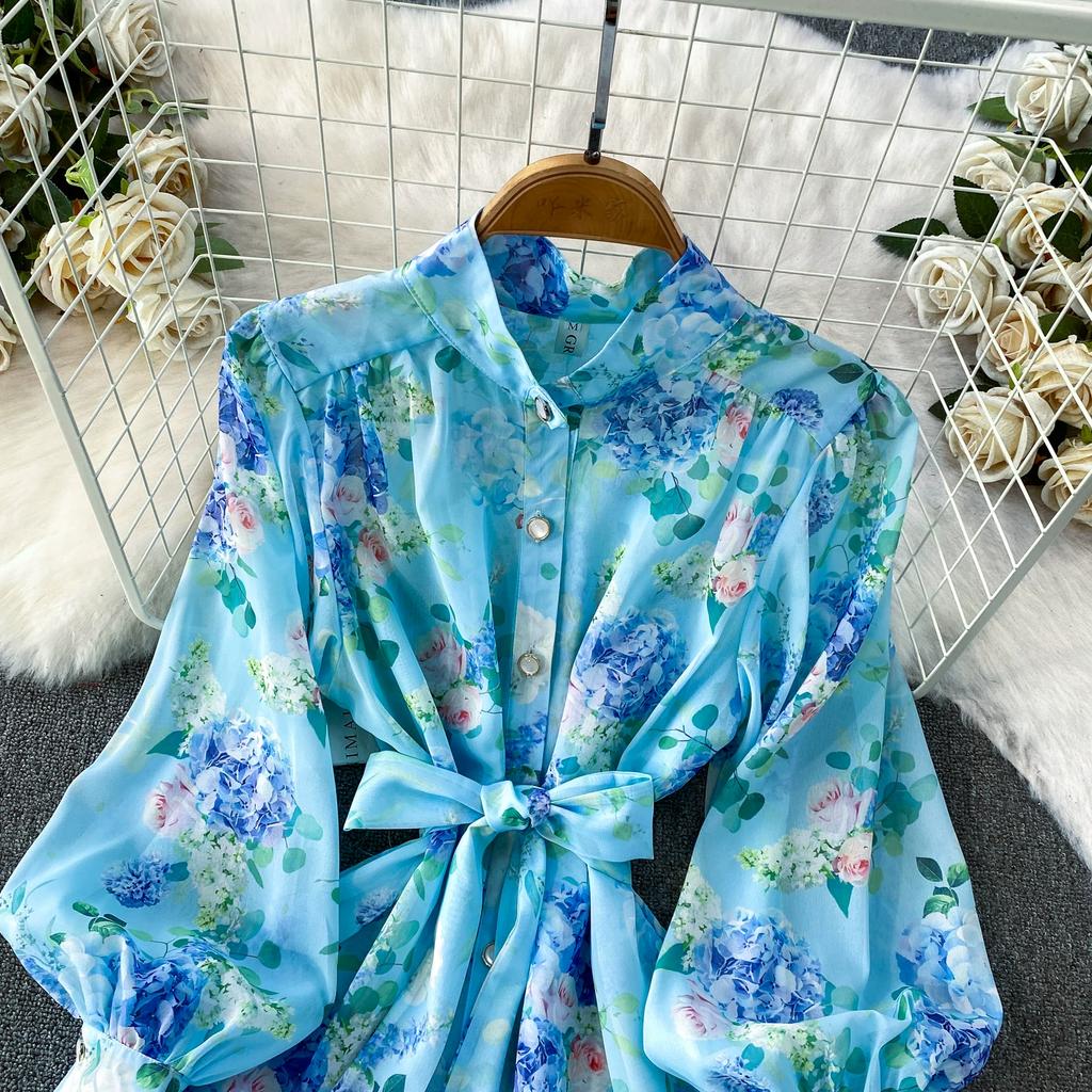 Spring Autumn Vintage Hydrangea Print  Long Sleeve Short Dress for Women Fashion Stand Collar Belt Slimming Ruffles Splice Mini Dress