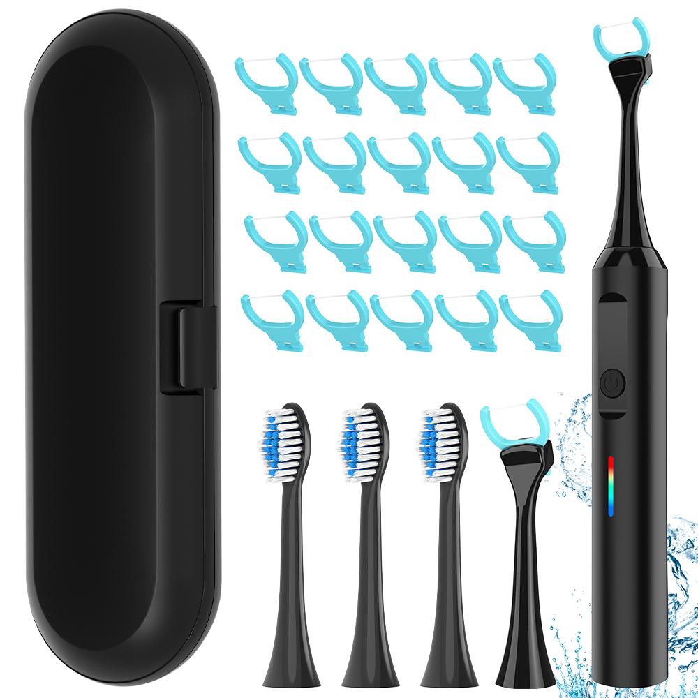 

Электрическая зубная щетка - 3 насадки и 20 шт. насадок для зубной нити, электрический вибрационный флоссер, совместимый с насадками для зубных щеток Philips чёрный