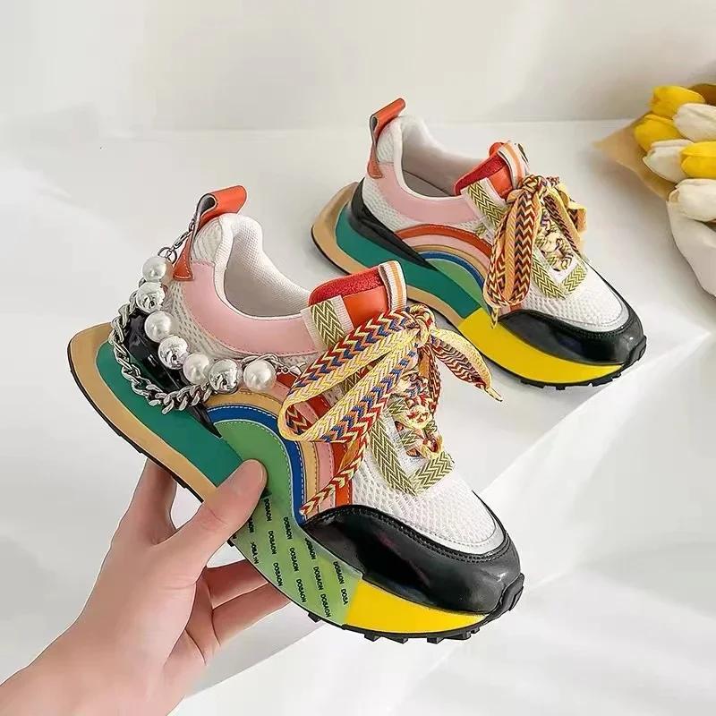 New Lace Up Iridescent Pearl Chain Decorative Women's Vulcanized Shoes Women's Platform Sneakers   De Mujer  Women Shoes