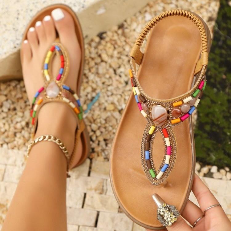 Summer 2025 New Ethnic Style Sandals Women Travel Beach Bohemian Retro Beaded Flip-flops Sandals Women