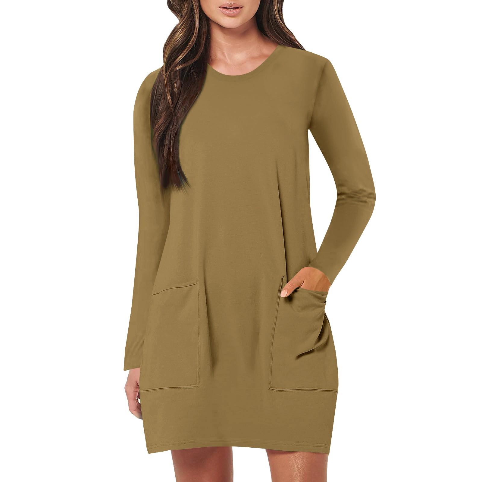 

Женские модные платья с круглым вырезом и карманами средней длины для пляжного отдыха с длинным рукавом L хаки