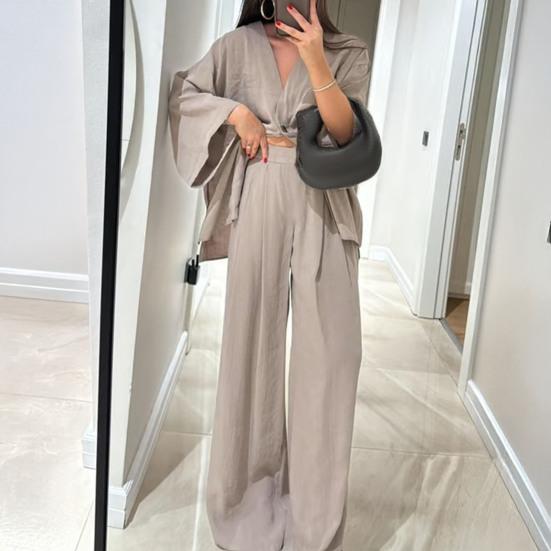 Conjunto holgado de dos piezas para mujer Camisas de manga larga con cuello en V y un botón Conjunto de pantalones de cintura alta Conjunto casual para estar en casa