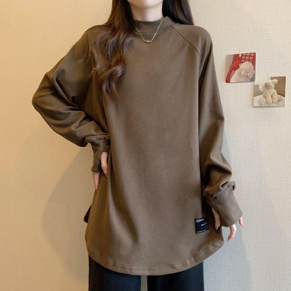 Plus Size Velvet Half-High Collar Slimming Base Layer Top for Women - New Autumn/Winter Warm Long Sleeve Top