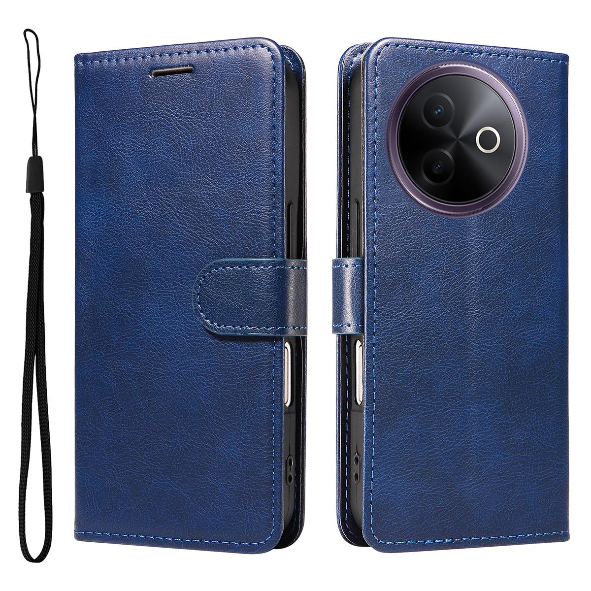 

For vivo Y39 5G Leather Wallet Case with Strap Solid Color Phone Stand Cover Blue