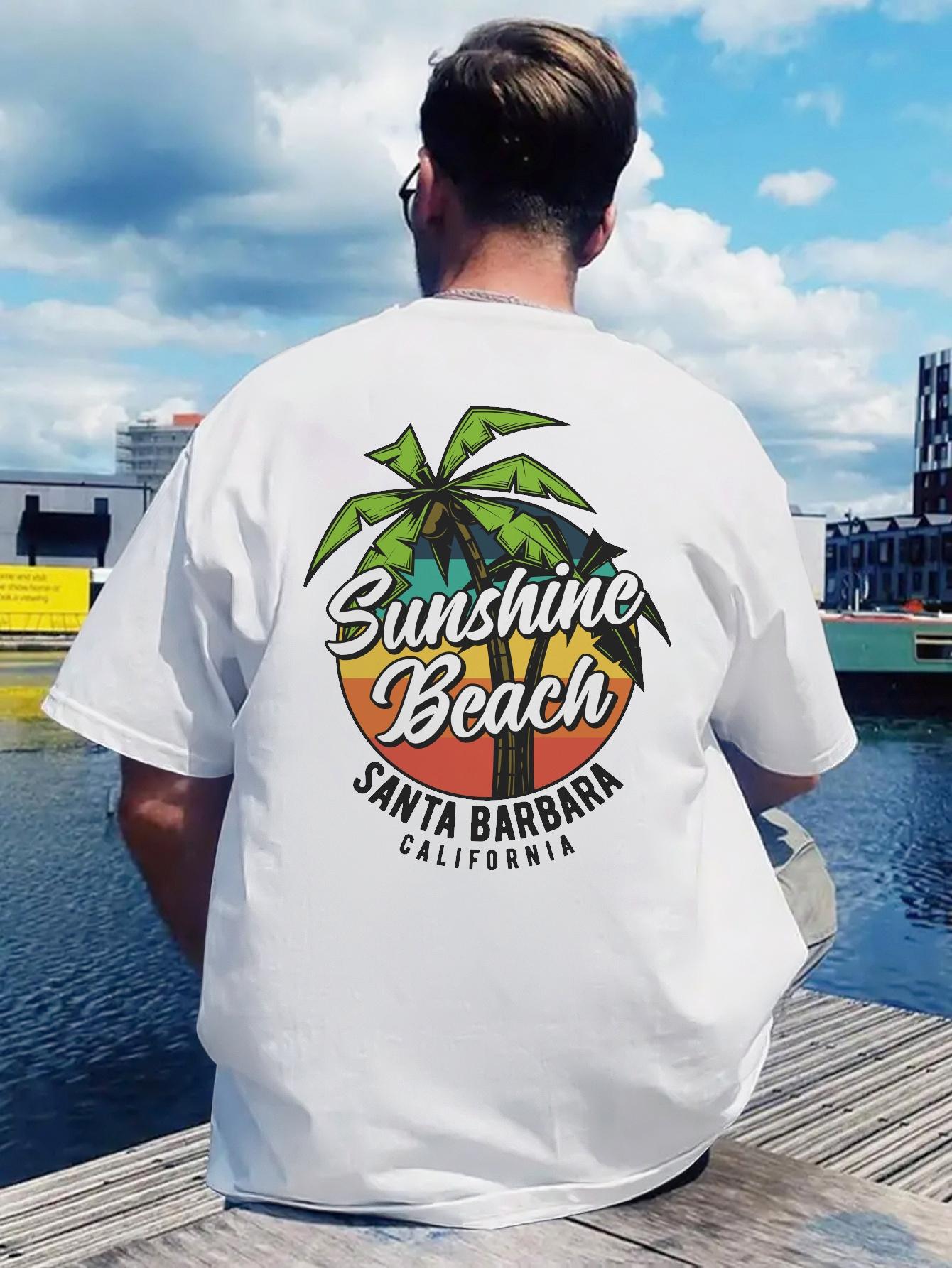 Sunshine Beach Graphic T-shirt - California Palm Tree & Ocean Wave Design S