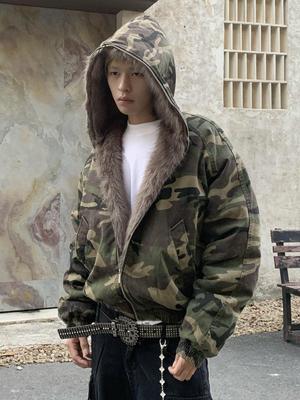 Winter Sale: Unisex Retro Camo Hooded Parka with Fur Collar & Velvet Lining