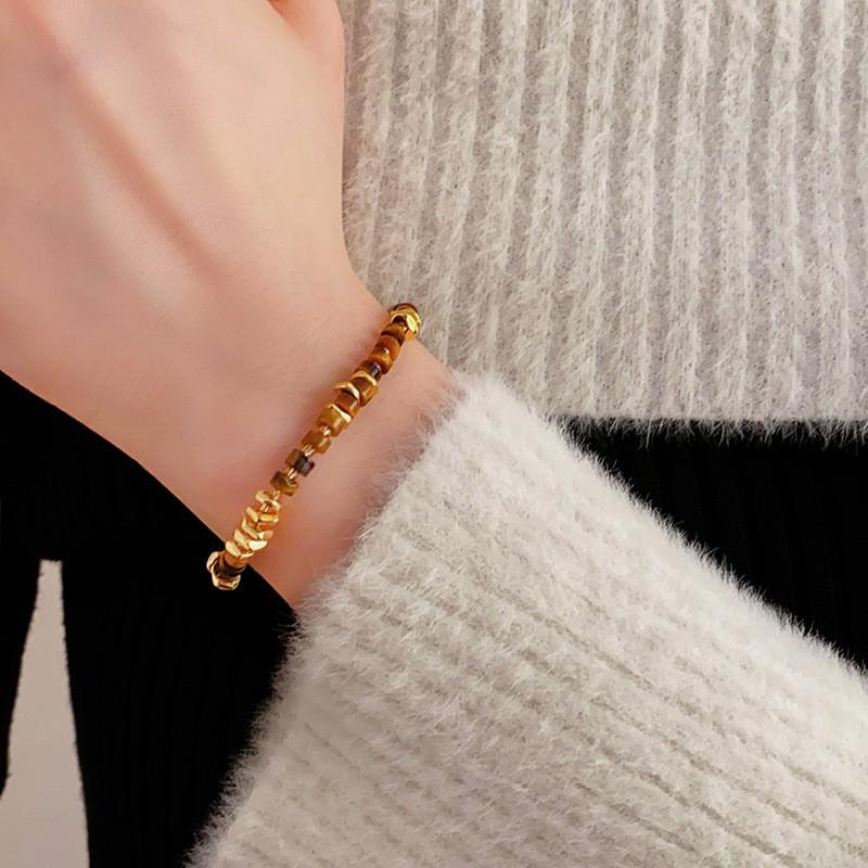 Womens Vintage Style Alloy Bracelet With Coffee Brown Tigers Eye Beads Geometric Design Minimalist Fashion Jewelry