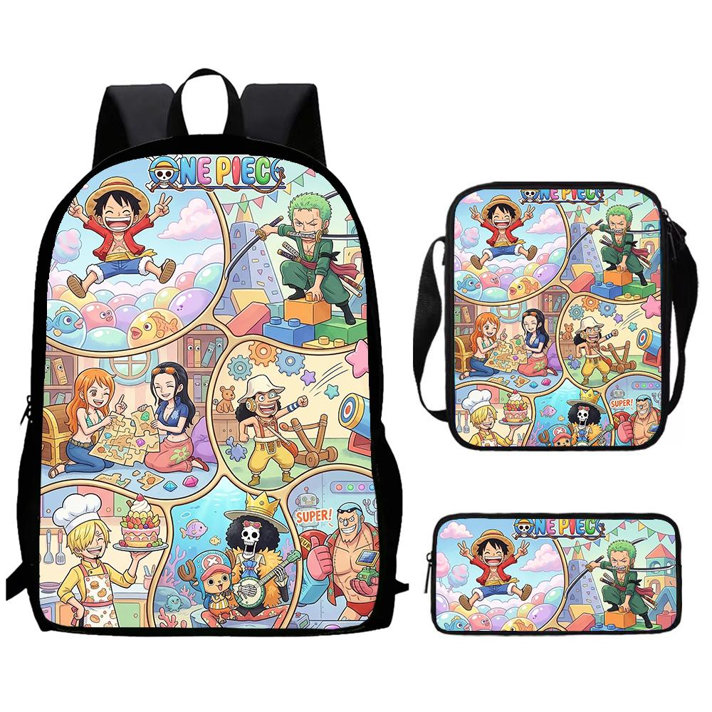 Cartoon One Piece 3pcs Lightweight Durable School Backpack with Crossbody Bag Pencil Case for Boys Girls Age 6-10 Primary School