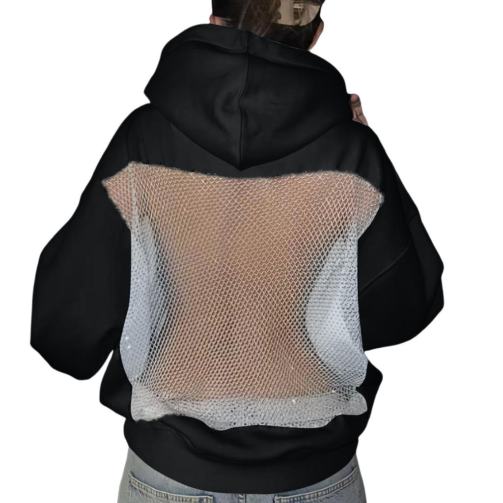 Women's Color Fashionable Backless Hollow Mesh Long Sleeved Hooded Sweatshirt