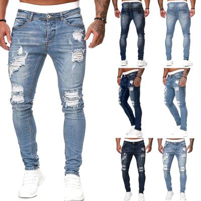 Men Jeans Solid Color Ripped Holes Frayed Gradient Washed Trousers