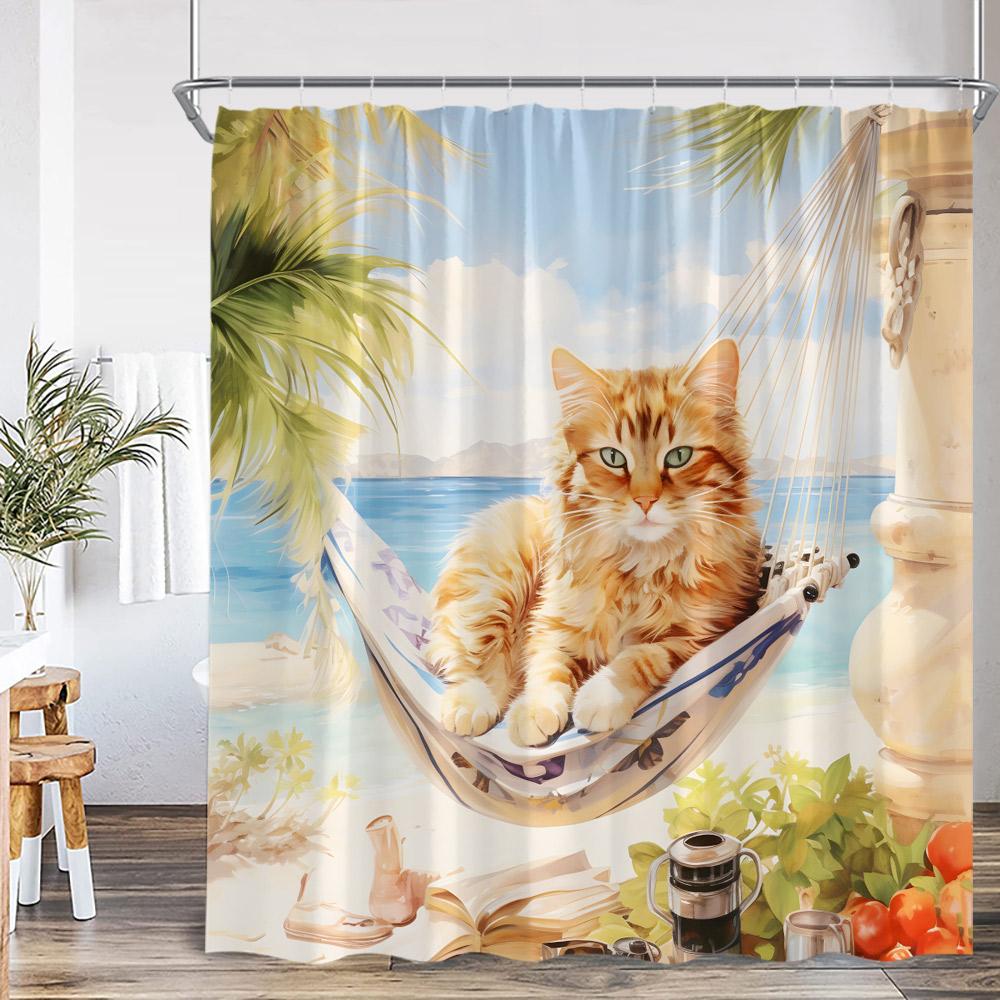 Funny Cat Shower Curtain Cat Riding Shark Dinosaur Flower Floral Polyester Bathtub Curtain Space Planet Bathroom Decor with Hook