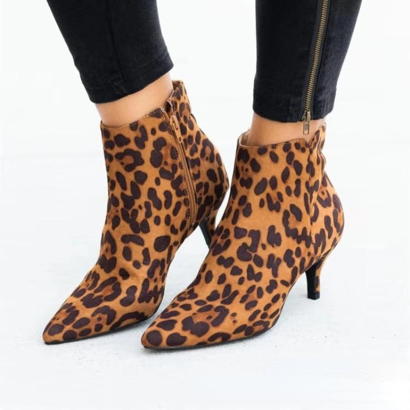 Luxury Women's Boots Spring Pointed Toe Stiletto Ankle Boots Fashion Leopard Print Women High Heel Suede Side Zipper Boots 35-43
