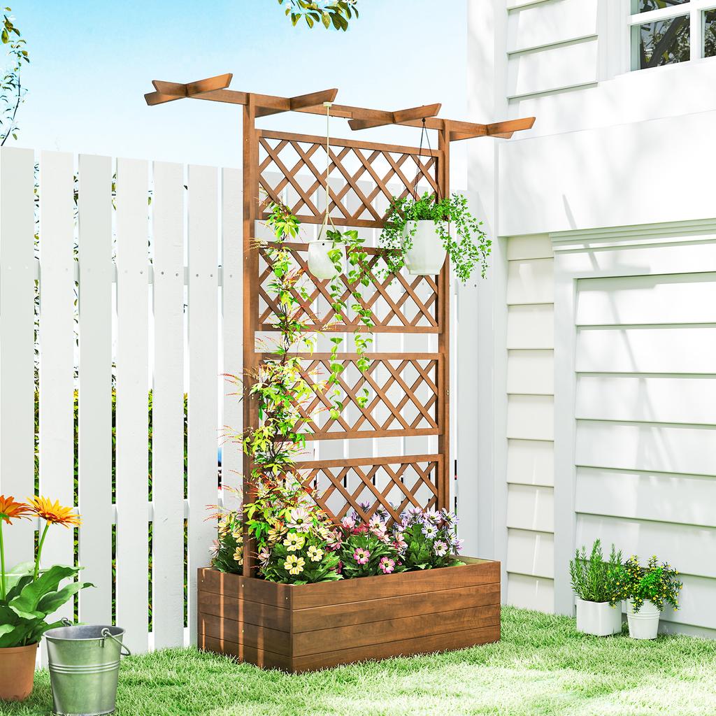 Wooden Trellis Planter Box, Raised Garden Bed to Grow Vegetables, Herbs and Flowers, Orange