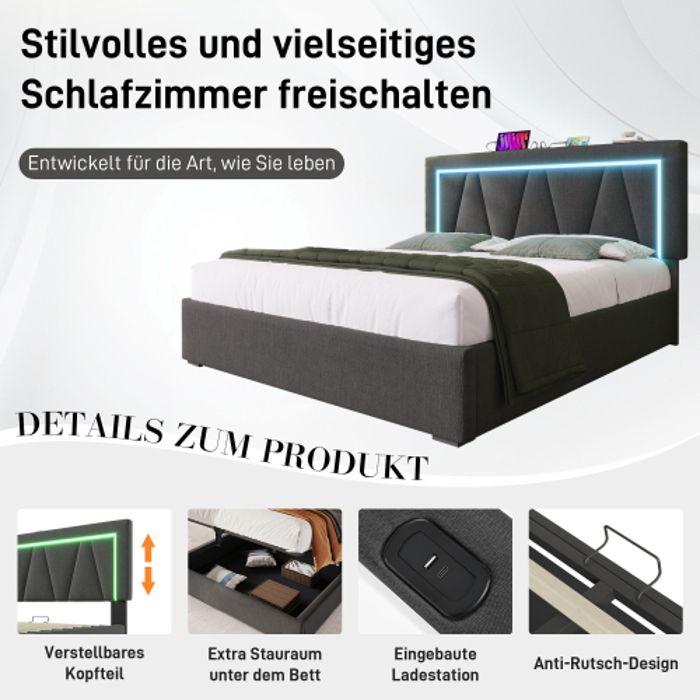 Lit double - MUVOE - 140x200 - LED avec chargeur USB - Tête de lit réglable - Design moderne
