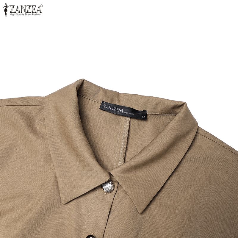 ZANZEA Women Casual Turn Down Collar Solid Color Short Sleeve Pleated Dress