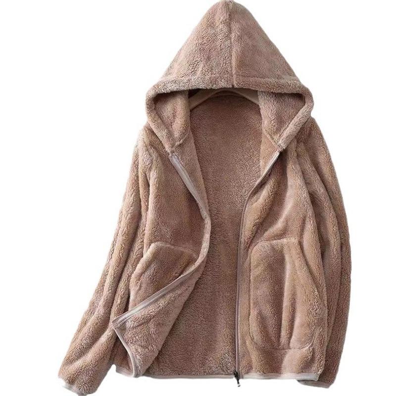 New double-sided fleece jacket, women's autumn and winter wear fleece jacket, hooded coral fleece top, warm and fleece thickened