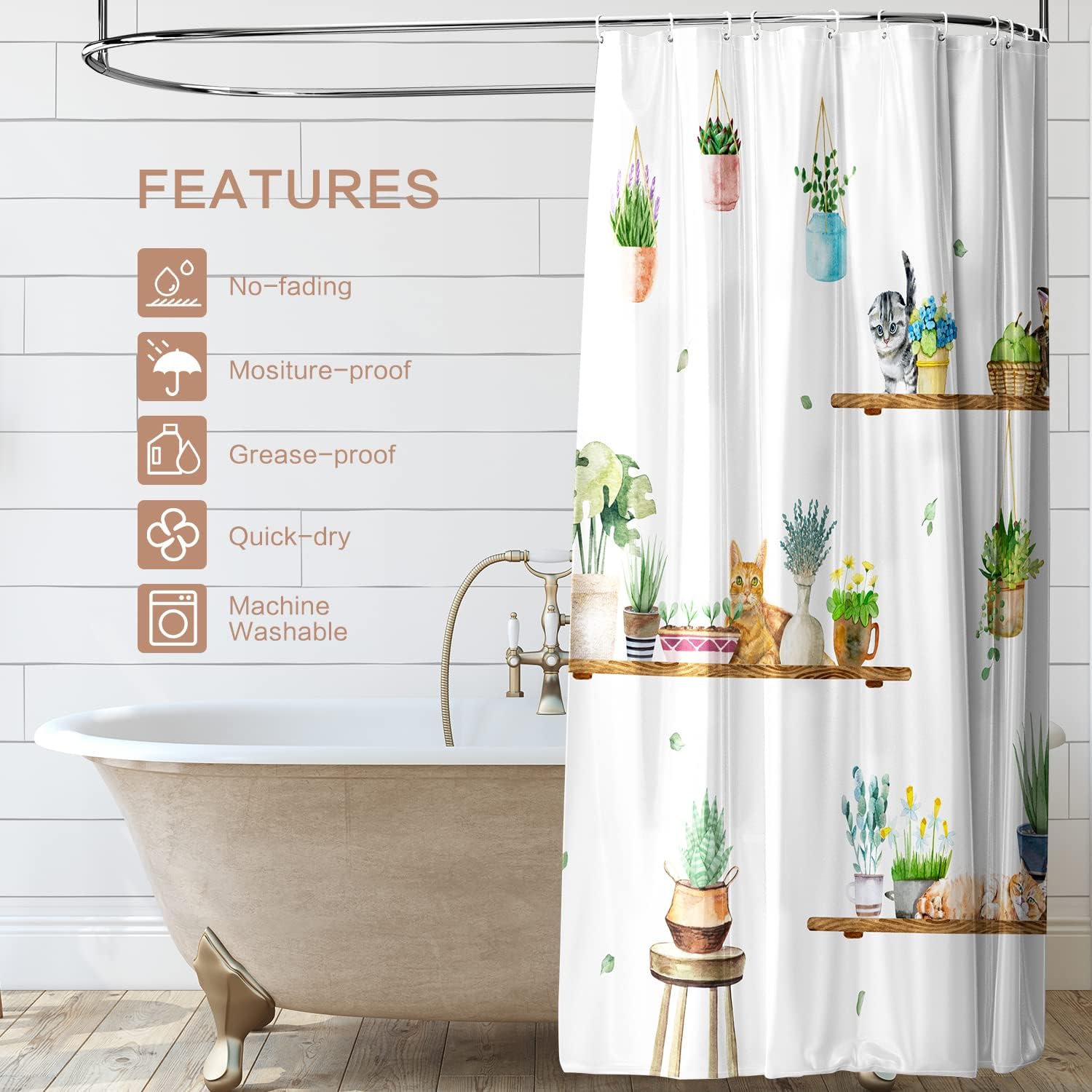 

Hanging Potted Plants Cat Shower Curtain, Bracket Plant Kitty Shower Curtain For Bathroom With 12 Hooks, Polyester Fabric Waterp W60H190(CM)-1 Pcs
