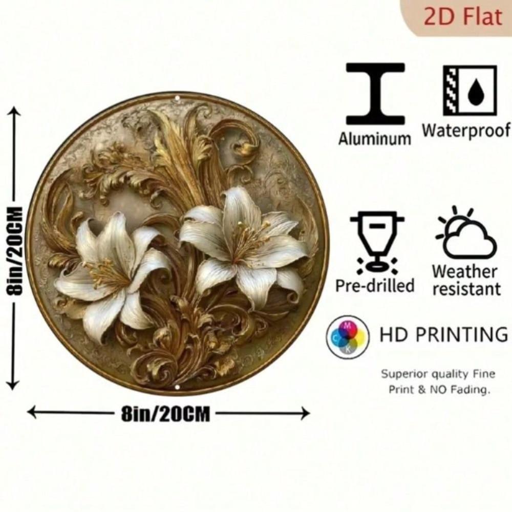 Runde Wandkunst aus Metall, Retro Beige Gold Floral Poster, Aluminium 8x8 Zoll für Heimdekoration