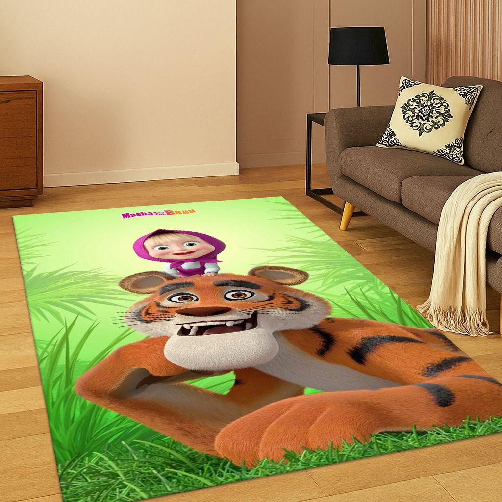 Covor Desen Animat 3D Masha și Ursul pentru Dormitor Sufragerie Canapea Preș de Intrare Decor Casă, Covor Zonă Joc Copii Antiderapant Cadou de Crăciun
