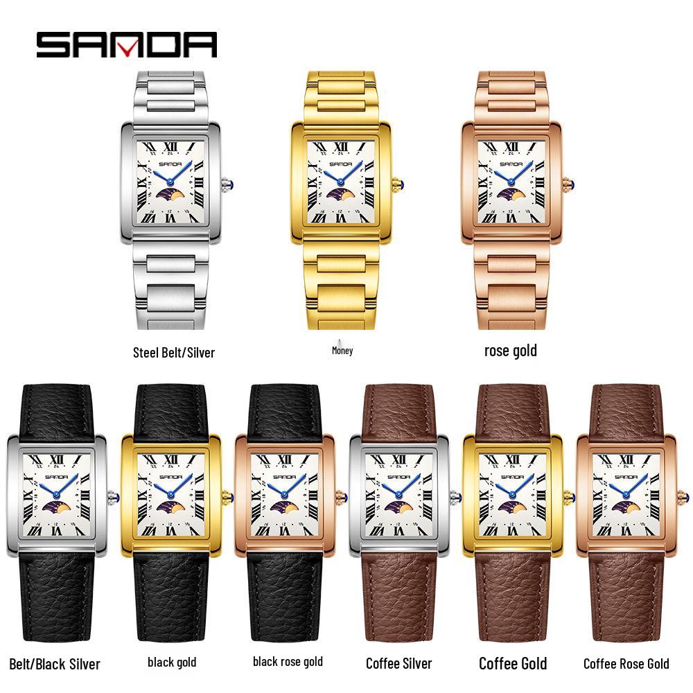 Sanda Women's Retro Quartz Waterproof Watch with Roman Numerals, Moon Phase, and Light Luxury Design - Square Model 9122.