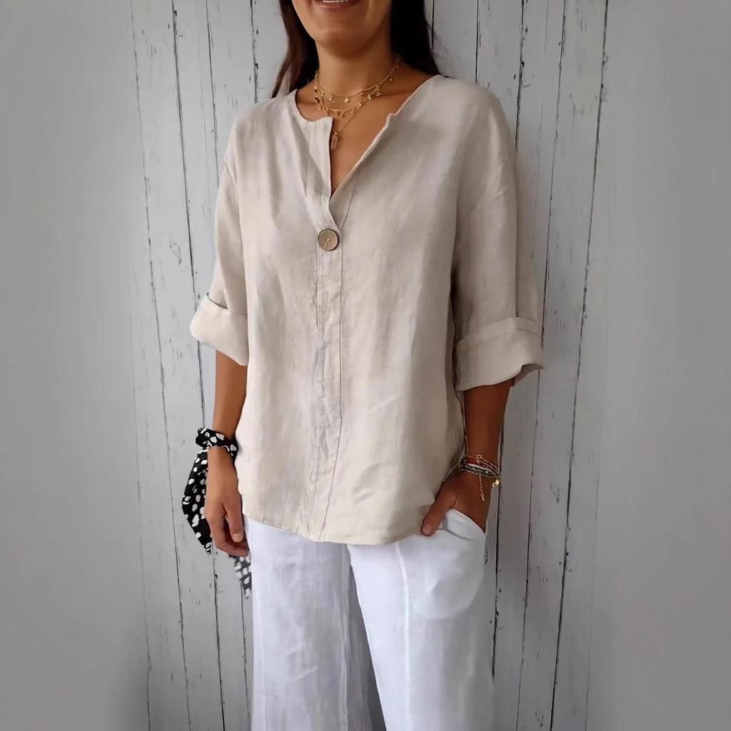 2026 Women's Loose V-Neck Cotton Linen Button Top - Comfortable Casual Summer T-shirt