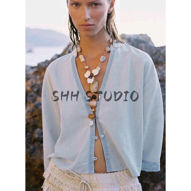 Summer New Women Clothes French Style Single Row Multi-Button Round Neck Wide Sleeve Patchwork Lace Short Shirts 8086730