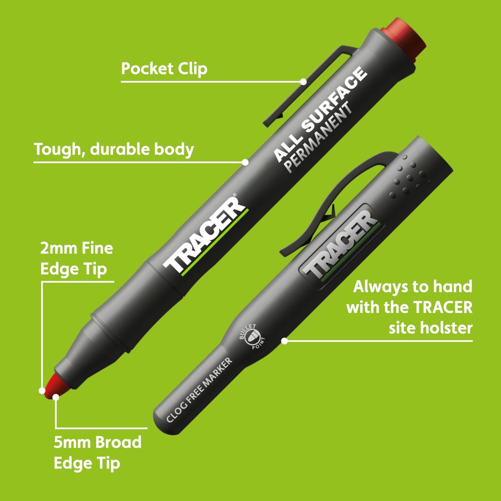TRACER Clog-Free Construction Marker Kit with TRACER Site Holster (All-Purpose Markers perfect for shiny and dusty surfaces.) - Black, Blue, and Red