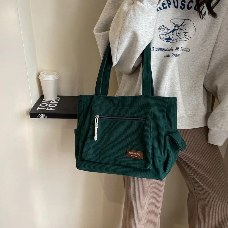 Women's Fashion Shoulder Bag Class Large Capacity Student Tote Bag Corduroy Commuter Handbag Carrying Bags Cabas Eco Bag